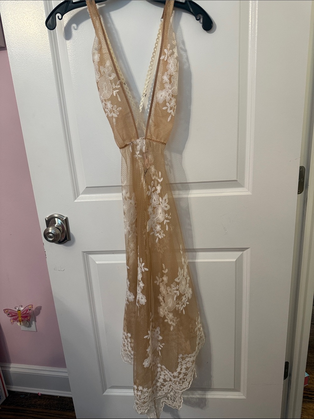 Victoria's Secret Shee Lace Maxi Slip Dress in Nude with White Floral Embroidery